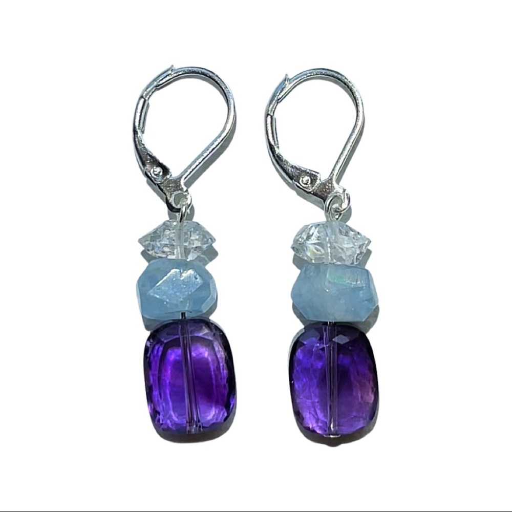 Genuine Amethyst, Aquamarine & Herkimer Diamond Earrings! - Picture 6 of 6
